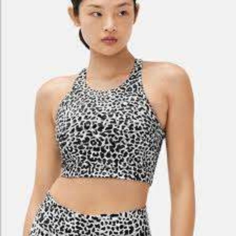 Outdoor Voices‎ Leopard Print High Neck Sports Bra Gray Black Racerback Small